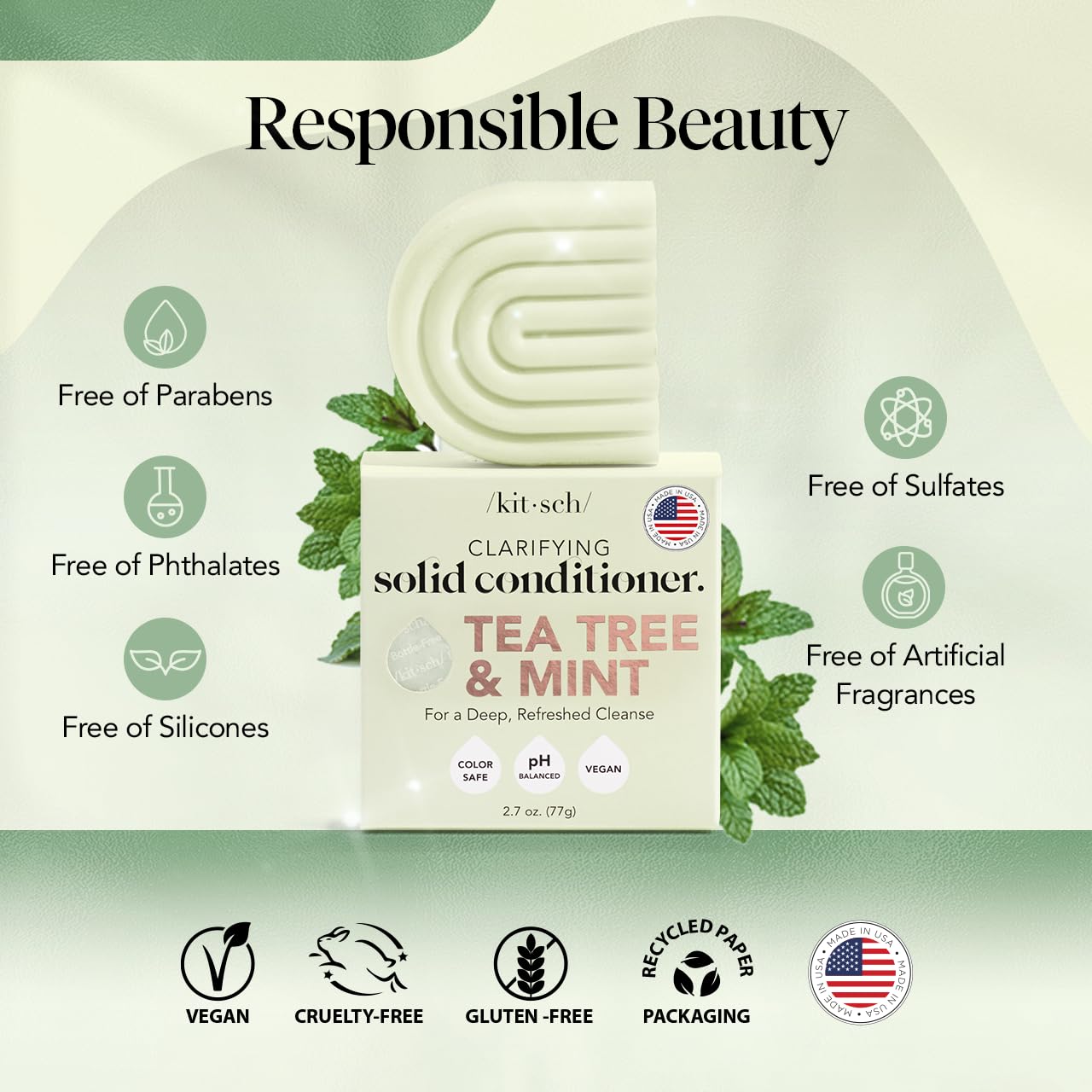 Kitsch Tea Tree & Mint Solid Natural Hair Conditioner Bar for Curly Wavy Fine Hair, Clarifying & Cleansing Organic Conditioner, Hair Color Safe, Zero Waste, Vegan, Eco Friendly, Sulfate Free, 2.7 oz